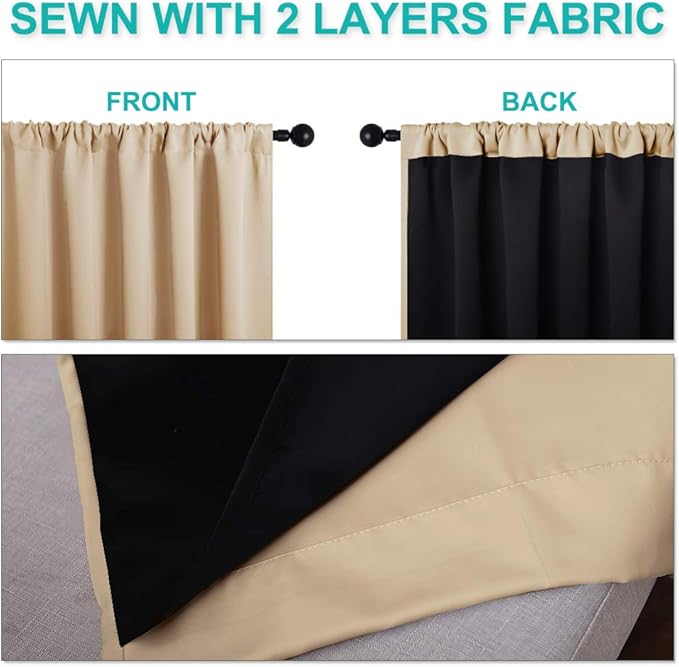 NICETOWN Bedroom Durable Full Blackout Curtain Panels, Great Job for Blocking Light, Rod Pocket Complete Blackout Draperies with Black Liner for Night Shift (Biscotti Beige, Set of 2, 52 by 54-inch)
