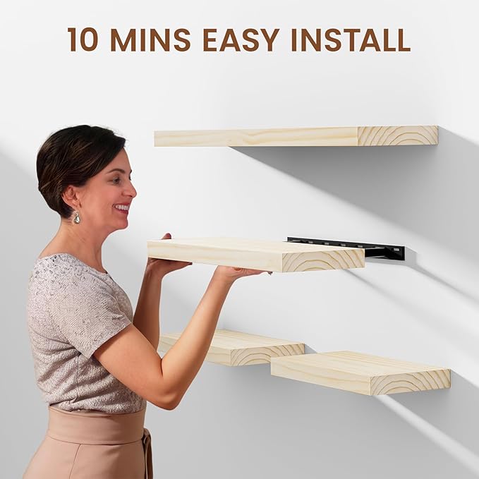 Heimlove 36 Inch Floating Shelves for Wall Solid Wood Shelves Set of 2,Wall Mounted Rustic Wood 8 Inch Deep Floating Shelf with Invisible Brackets for Bedroom Kitchen Living Room