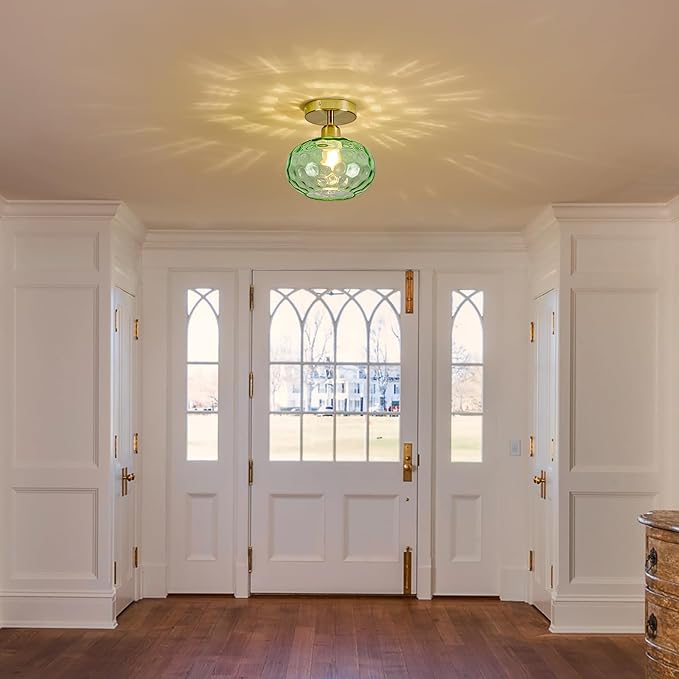 Green Glass Semi Flush Mount Ceiling Light - 7.9 Inch Hammered Art Deco Glass Small Hallway Light fixtures, Vintage Gold Flush Mount Ceiling Light for entryway Foyer Laundry Room Kitchen