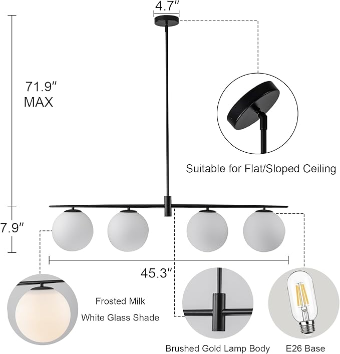 Black 45.3" Linear Chandeliers for Dining Room 4-Lights Milk Glass Globe Large Modern Linear Chandelier for Kitchen Island Living Room, Mid Century Chandelier Light Fixture Over Table