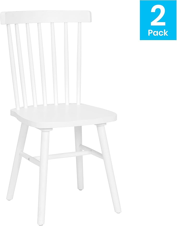 Taylor & Logan Ingrid Set of 2 Commercial Grade Windsor Dining Chairs, Solid Wood Armless Spindle Back Restaurant Dining Chairs in White