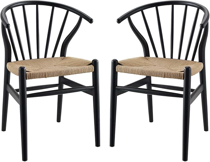 Modway Flourish Mid-Century Modern Rustic Farmhouse Wood Dining Chair Set of 2 in Black