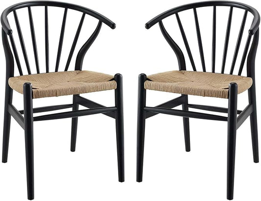 Modway Flourish Mid-Century Modern Rustic Farmhouse Wood Dining Chair Set of 2 in Black