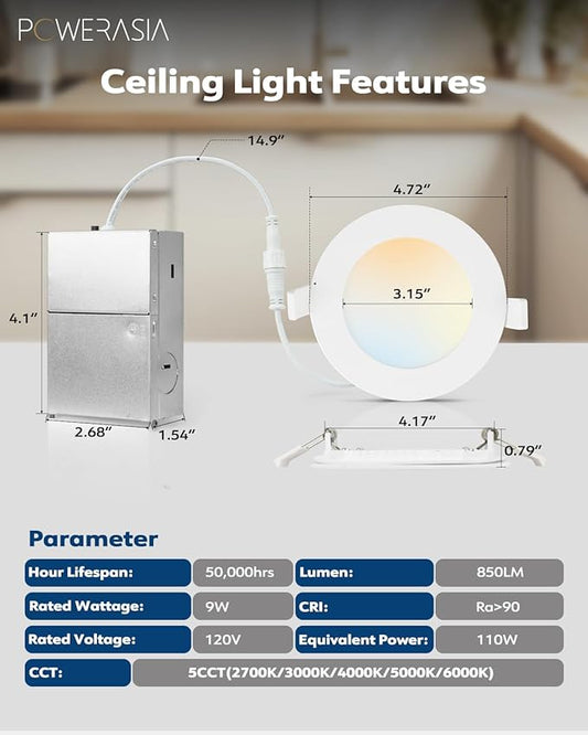 20 Pack 4 Inch LED Recessed Lighting with Junction Box, 5CCT 2700K/3000K/4000K/5000K/6000K Selectable, 9W 850lm Ultra-Thin Recessed Downlight-ETL and Energy Star Certified