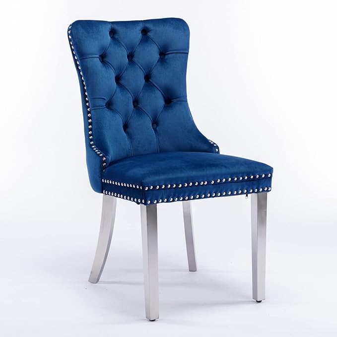 Solid Wood Dining Chair with Nailhead Trim,Velvet Upholstered W/Chrome Stainless Steel Plating Legs,Set of 2,for Living Room,Apartemnt,Blue and Chrome