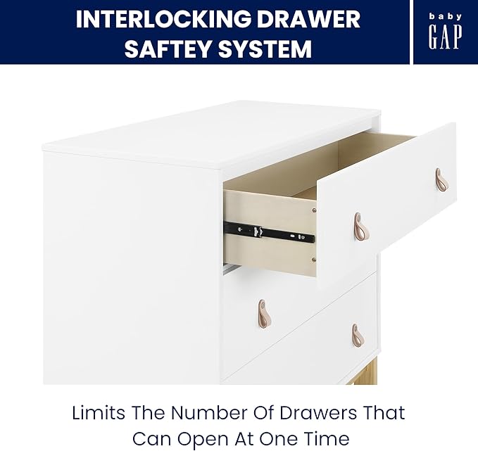 babyGap Legacy 3 Drawer Dresser with Leather Pulls and Interlocking Drawers by Delta Children, Bianca White/Natural