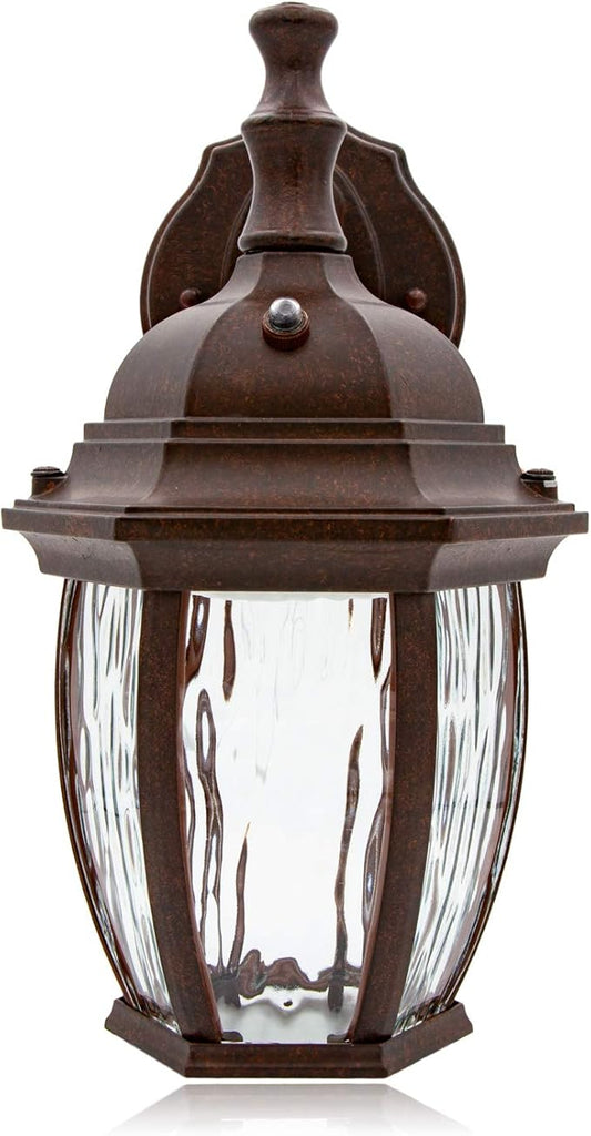 Maxxima LED Outdoor Wall Light - Features Clear Water Glass, 3000K Warm White, 580 Lumens, Dusk to Dawn Photocell Light Sensor, Patio or Porch Sconce Fixture, Ideal for Exterior Decor Lighting - Brown