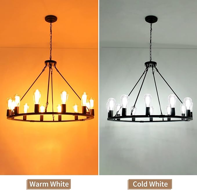 31.5" 12 Lights Wagon Wheel Chandelier, Black Round Rustic Industrial Vintage Farmhouse Chandeliers for Dining Room Foyer Living Room Kitchen Island