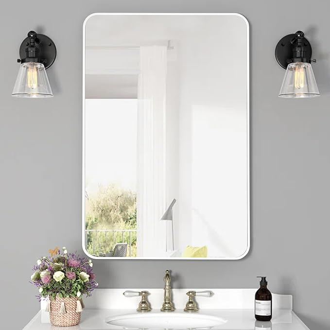 White Bathroom Mirror24x36 Inch, Rectangle Mirrors for Wall with Tempered Glass for Bedroom Living Room or Entryway (Horizontal/Vertical Hanging)