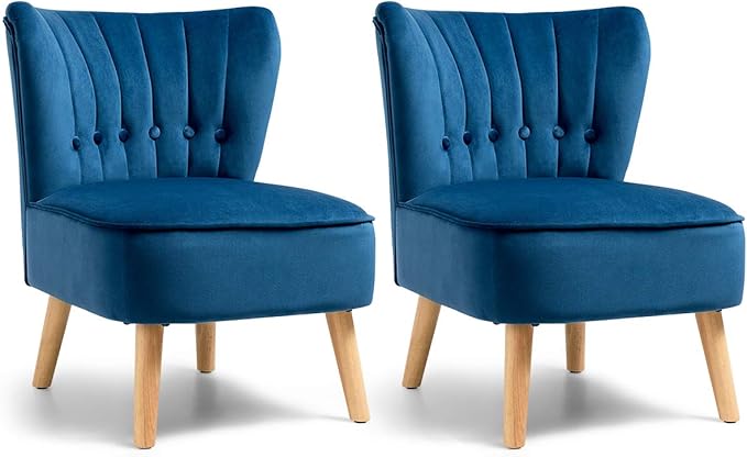 Giantex Set of 2 Modern Velvet Accent Chair, Small Upholstered Leisure Sofa Chair w/Wood Legs, Thickly Padded and Button Tufted, Armless Wingback Club Chairs for Living Room Bedroom Furniture, Blue