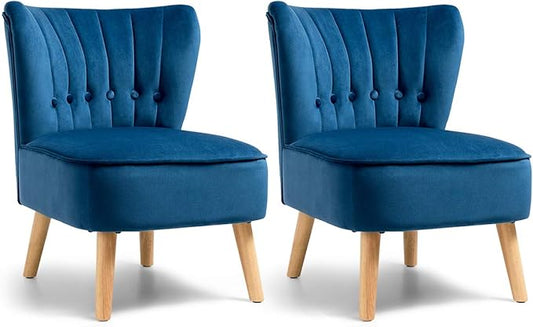 Giantex Set of 2 Modern Velvet Accent Chair, Small Upholstered Leisure Sofa Chair w/Wood Legs, Thickly Padded and Button Tufted, Armless Wingback Club Chairs for Living Room Bedroom Furniture, Blue
