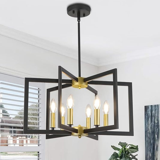 Black and Gold Chandelier Light Fixture, 6 Lights Geometric Modern Chandeliers for Dining Room Kitchen Farmhouse Entryway Living Room