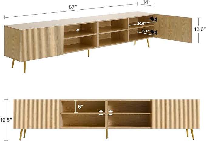 Modern 86in TV Stand for Living Room, Fluted Design Entertainment Center with Adjustable Shelves,Media TV Console Table with Storage for Bedroom,Nature