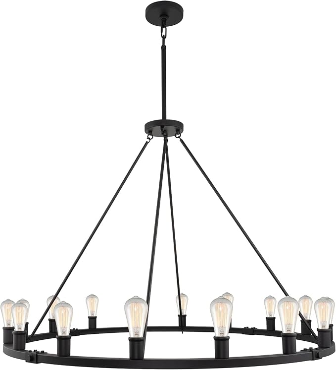 Kira Home Homestead 50" 16-Light Large Industrial Rustic Farmhouse Wagon Wheel Chandelier, Round Kitchen Island Light, Black Finish