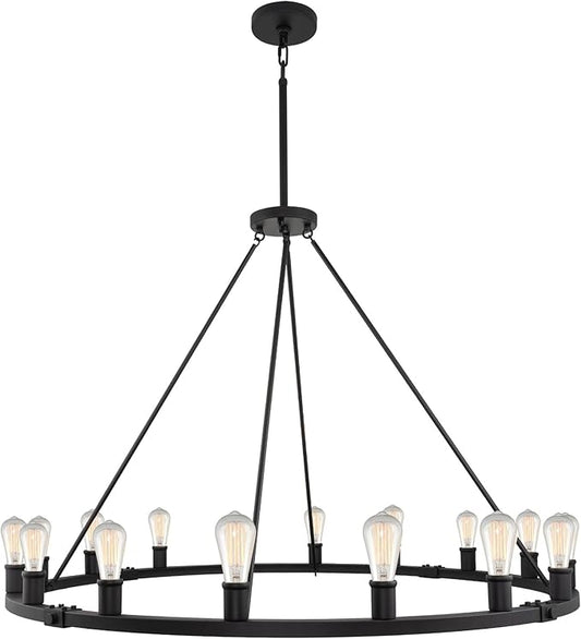 Kira Home Homestead 50" 16-Light Large Industrial Rustic Farmhouse Wagon Wheel Chandelier, Round Kitchen Island Light, Black Finish