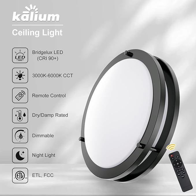 Kalium LED Ceiling Light with Remote 2Pack 12 Inch Flush Mount Ceiling Light Fixture, 18W 3000K-6000K Adjustable Color Temperature, Dimmable Lighting Fixtures for Kitchen Bedroom. Hardwired.