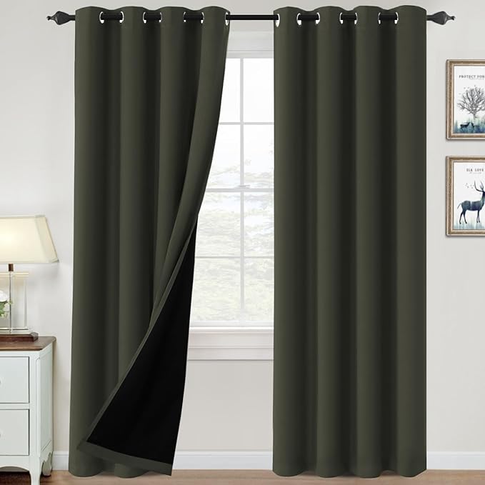 H.VERSAILTEX 100% Blackout Curtains for Bedroom Thermal Insulated Blackout Curtains 96 inch Length Heat and Full Light Blocking Curtains for Living Room with Black Liner 2 Panels Set, Olive