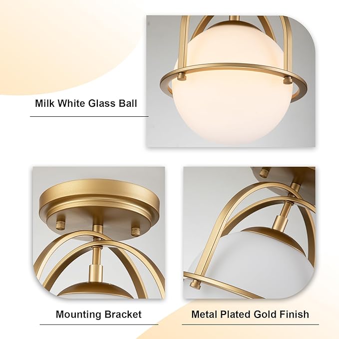 Gold Semi Flush Mount Ceiling Light 8.7" Milk Glass Globe Ceiling Light Fixture Mid Century Modern Small Chandelier for Hallway Kitchen Bedroom or Schoolhouse Light Fixture