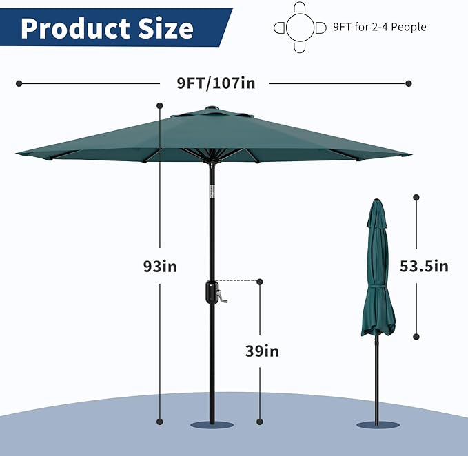 Garvee 9FT Patio Umbrella - Outdoor Table Umbrella with Crank Lift & Push Button Tilt - Market Umbrella 8 Sturdy Ribs UV Protection for Pool, Deck, Yard, Garden - Turquoise