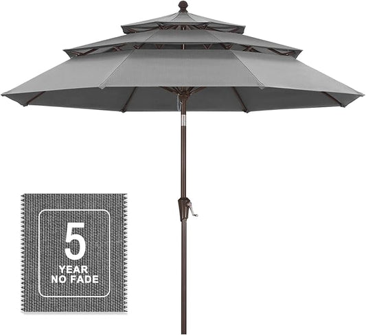 MASTERCANOPY 9ft 3-Tier Olefin Patio Umbrella with Tilt Crank, 5-Year-Non-Fading Canopy & 8 Fiberglass Ribs for Deck, Patio, and Garden, Medium Grey