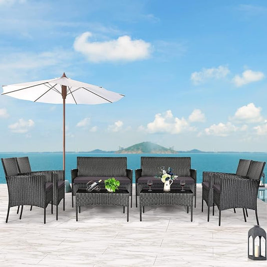 Tangkula 8 Pieces Patio Rattan Conversation Set, Outdoor Wicker Furniture Set with Tempered Glass Coffee Table &Thick Cushion, Rattan Chair Wicker Set for Garden, Lawn, Poolside and Backyard
