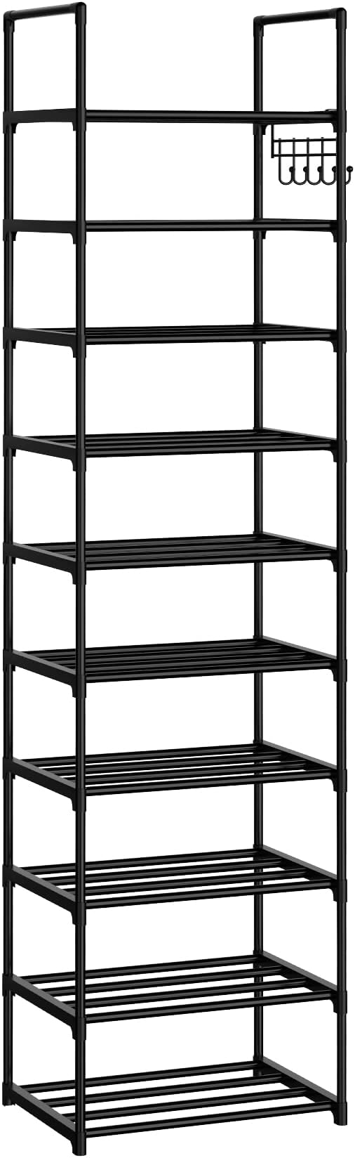 Narrow Shoe Rack 10 Tiers Tall Shoe Rack for Entryway 20 24 Pairs Shoe & Boots Organizer Storage Shelf Durable Black Metal Stackable Shoe Cabinet with Hooks, 17.1D x 11.8W x 78.7H in