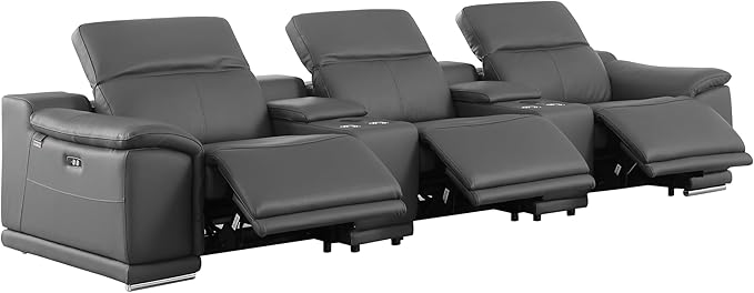 BlackJack Furniture Venice Top Grain Italian Leather Power Recline 8 Piece 5 Seater Sofa - 134" Theater Seating Modern Couch for Living Room Lounge with Adjustable Headrests & USB Port, Dark Grey