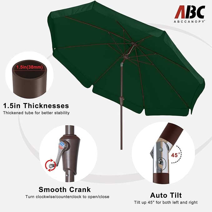 ABCCANOPY 10ft Scalloped Patio Umbrella, Outdoor Table Umbrella with Tilt and Crank, Fiberglass Ribs Deck Umbrella for Patio, Pool, Garden, Picnic (Green)