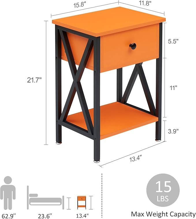 VECELO Nightstands, Modern Bedside End Tables Set of 2, Night Stand with Drawer and Storage Shelf for Living Room Bedroom, Industrial Metal Frame