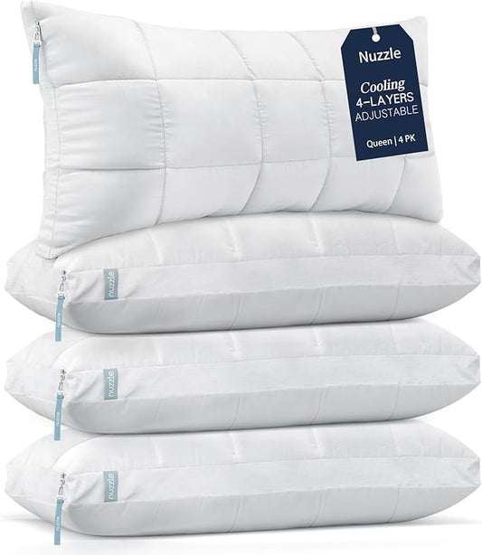 Nuzzle Pillows Queen Size Set of 4 Adjustable Firm Pillows, Luxury Hotel Collection Bed Pillows – Best Adjust Height Soft Cooling Pillows for Back, Stomach and Side Sleepers