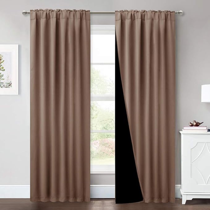 NICETOWN Blackout Bedroom Window Curtains with Back Tab and Rod Pocket, Noise Reduction and Privacy Curtains for Patio Door, Black Lined Blackout Drapes with Top, Cappuccino, 1 Pair, W52 x L84