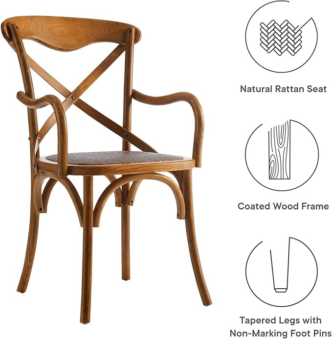 ModwayEEI-1538-WALGear Modern Farmhouse Cross Back Solid Elm Wood Dining Armchair With Rattan SeatFour Dining Chair SetWalnut