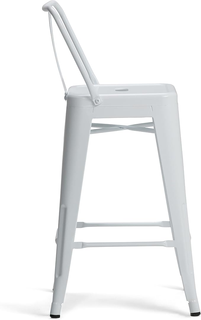 SIMPLIHOME Rayne Counter Stools (Set of 2) - 24 Inch Seat Height Metal Kitchen Seats in White, Industrial Seating for Dining Room or Kitchen with Curved Backrest and Footrest