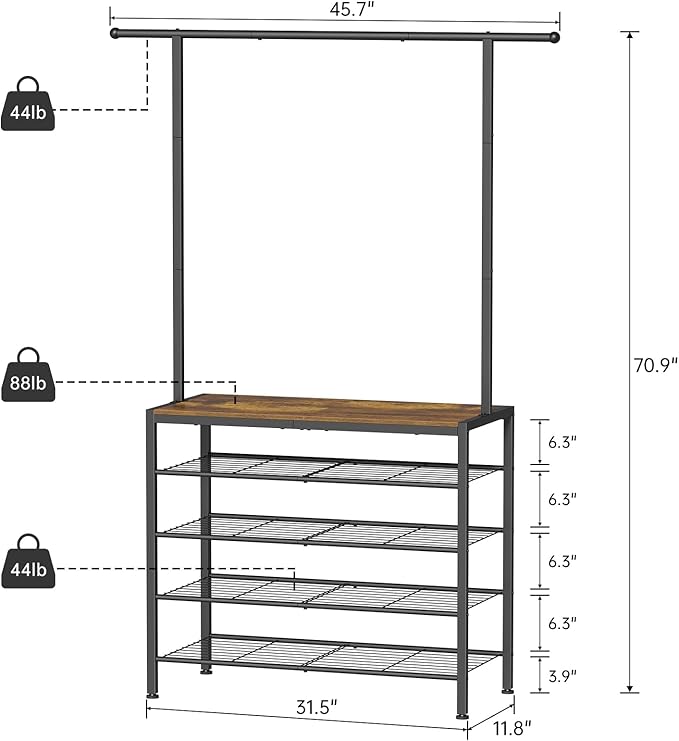 Hall Tree, Entryway Shoe Rack with Coat Rack, 5 Tier Adjustable Shoe Storage with 45.7" Long Coat Rack for Front Door, Garage, Closet, Freestanding, Industrial, Rustic Brown and Ink Black