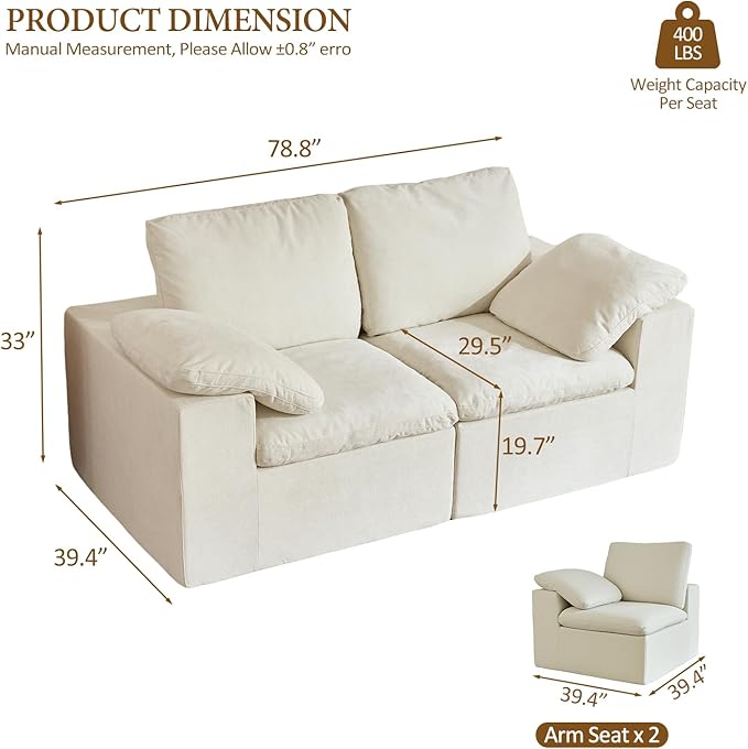 ANONER 78" Loveseat Sofa, Deep Seats, Cloud Sectional Couches for Living Room, 2 Seater Boneless Couch, Modern Modular Loveseats, No Assembly, Beige | Adjustable Backrest, Premium Chenille, 29.3" Deep Seat