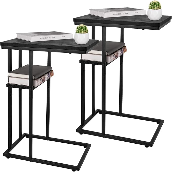 Yoobure C Shaped End Table Set of 2, Side Table Living Room, Couch Tables That Slide Under Couch Tables with Metal Frame, Rustic Snack Table for Bedroom/Small Spaces Large Desktop