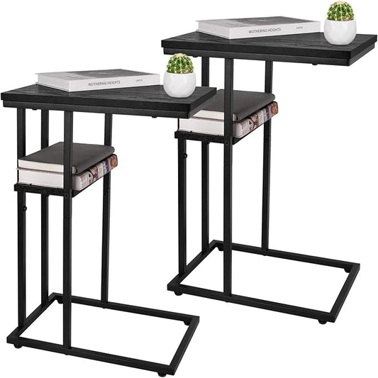 Yoobure C Shaped End Table Set of 2, Side Table Living Room, Couch Tables That Slide Under Couch Tables with Metal Frame, Rustic Snack Table for Bedroom/Small Spaces Large Desktop