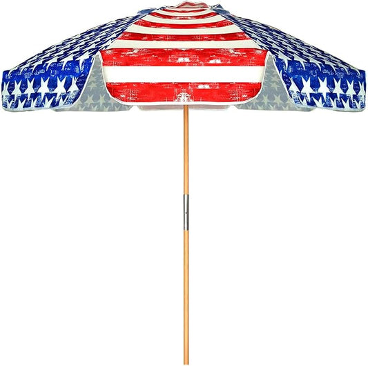 AMMSUN 7.5ft Heavy Duty HIGH Wind Beach Umbrella Commercial Grade Patio Beach Umbrella with Air Vent Ash Wood Pole & Carry Bag UPF 50+ Protection American flag