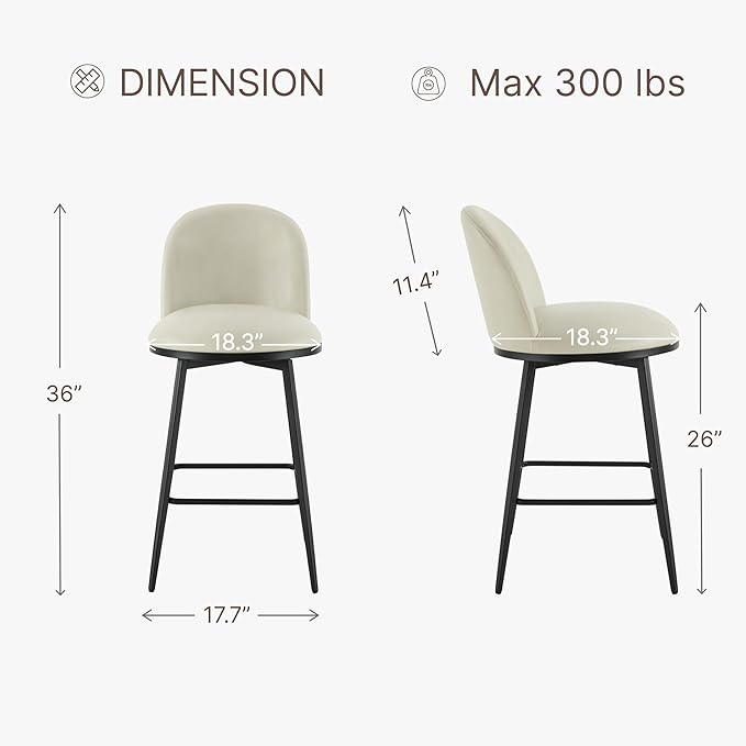 Swivel Bar Stools Set of 2, 26" H Upholstered Faux Leather Barstools with Backs,Counter Height Stools with Metal Legs for Kitchen Island,Cream,1 Box