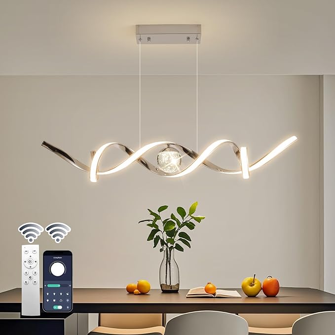 LED Modern Chandeliers for Dining Room, 39in Dimmable Chrome Chandelier Kitchen Pendant Lighting Over Island, Linear Wave Spiral Pendant Light Fixtures Dining Room Lights Ceiling Hanging, 36W