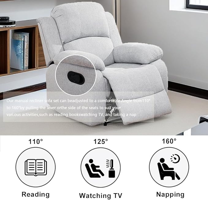 Manual Living Room Furniture Single Recliner Chair Modern Microfiber Fabric Accent Recliner with Overstuffed Arm & Back for Living Room/Bedroom/Office/Rv Car (Grey White,Chair)