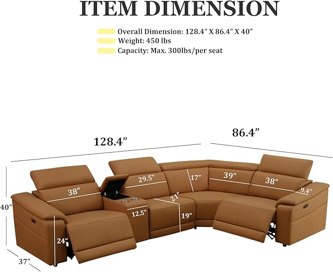 Power Recliner Sectional Sofa, L-Shaped Living Room Furniture Set, Leather Recliner Sofa,Reclining Sectional Couch with Storage Console/Cup Holder for Living Room/House/Apt (Light Brown, 4 Seater)