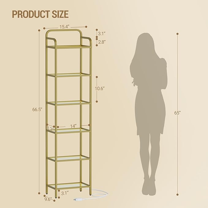 Bookshelf, Tall Narrow Bookcase with LED Lights, Tempered Glass Bookshelves with Steel Frame, Display Shelf, Slim Shelving Unit for Living Room, Bedroom, 9.6"D x 15.4"W x 66.5"H Gold BC34699G