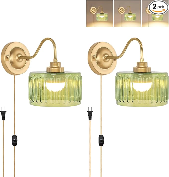 Vintage Plug in Wall Sconces Dimmable Wall Sconces of Two,Wall Lamps with Plug in Cord & Flower Glass Lampshade,Gold Sconces Wall Decor Set of 2 Plug in Wall Lights Sconces for Bedroom