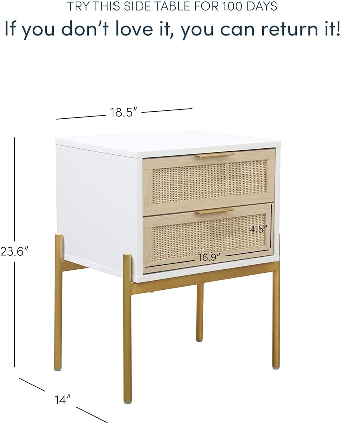 Andrew End, Bedside or Side Table in Matte White Finish with Two Natural Rattan Drawers Doors for Storage and Brass Gold Accents for Living Room or Bedroom, White/Cane/Gold, Set of 2