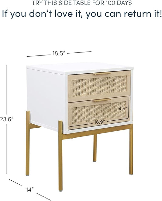 Andrew End, Bedside or Side Table in Matte White Finish with Two Natural Rattan Drawers Doors for Storage and Brass Gold Accents for Living Room or Bedroom, White/Cane/Gold, Set of 2