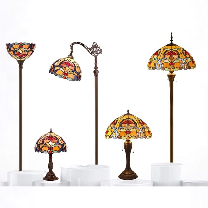 WERFACTORY Tiffany Table Lamp Orange Stained Glass Flower Liaison Style Reading Desk Bedside Light 12X12X18 Inches Decor Bedroom Living Room Home Office S617 Series