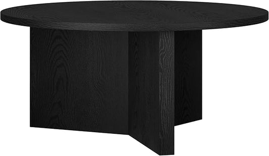 Henn&Hart 36" Round Wood Pedestal Coffee Table for Living Room, Family Room, Office, or Apartment, Natural Black