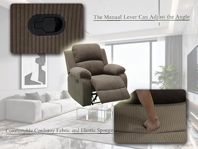 Living Room Furniture Sets, Peanut Brown Corduroy Manual Reclining Sofa Set, Manual Sectional Recliner Sofa, Reclining Chair with Recliner Seat for Living Room, Office, RV Car