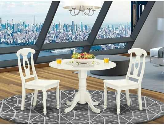 East West Furniture DLKE3-LWH-W 3 Piece Dining Room Table Set Contains a Round Kitchen Table with Dropleaf and 2 Dining Chairs, 42x42 Inch, Linen White